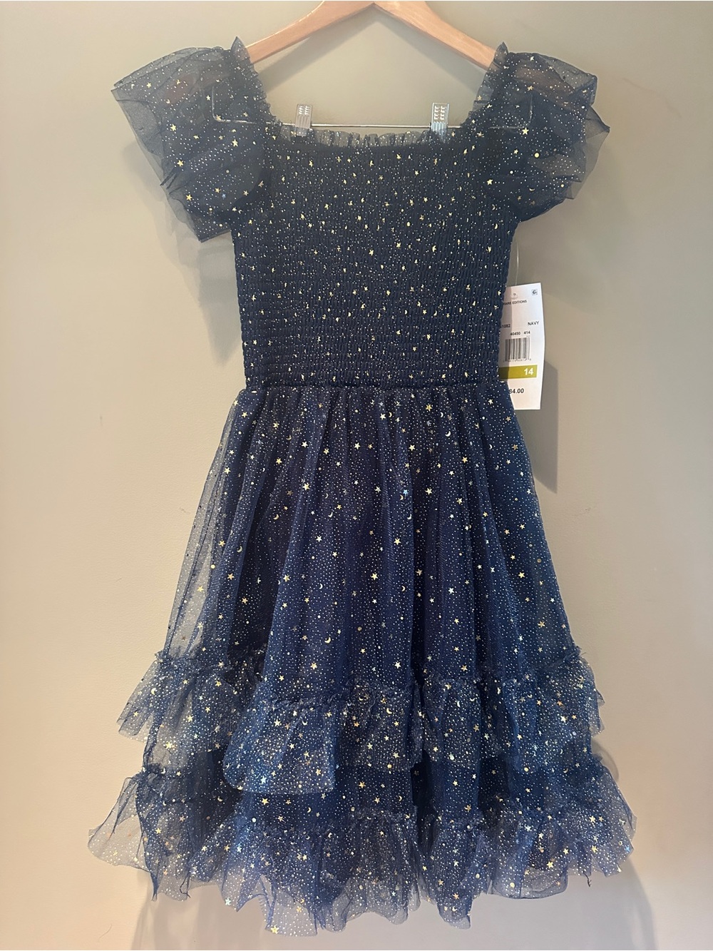 Rare Editions Navy Gold Starry Tulle Ruffle Party Dress 14 NWT